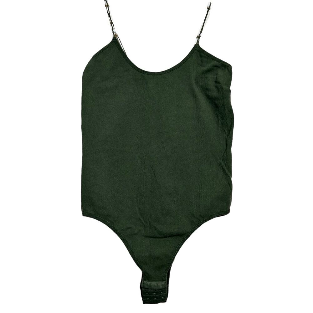 Madrag Bodysuit Ribbed Spaghetti Strap Scoop Hook & Eye Olive Green M/L